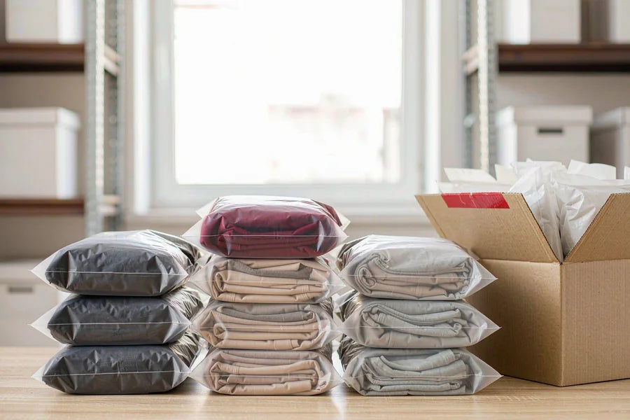 Neatly stacked poly-bagged yoga wear ready for wholesale